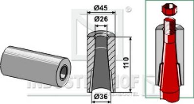 18100-63 Einschweißbuchse für Zinken mit Verdrehsicherung Länge 110 mm