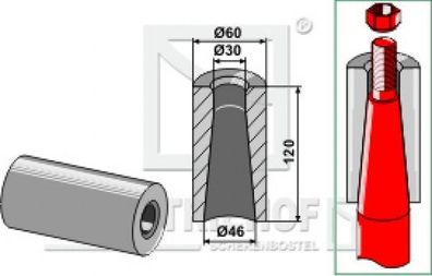 18100-71 Einschweißbuchse für Frontlader - Silo- und Greiferzinken Länge 120mm