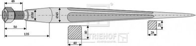 Frontladerzinken Länge 1250 mm Gewinde M28 x 1.5 Profil Vierkant 40/40 mm