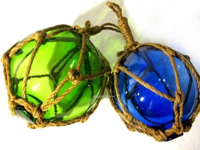 2 X kleine Fischerkugeln im Netz- blau und grün- Maritime Deko- 5 cm