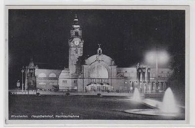 51601 Ak Wiesbaden Hauptbahnhof Nachtaufnahme um 1940