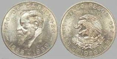 Mexico ANO de Carranza 1859-1959 (Münze von 1959) Cinco Pesos, ca. 18 g und ca. 38 mm
