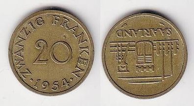 20 Franken Messing Münze Saarland 1954 f. vz