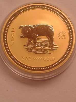 Original 200$ 2007 Australien Lunar Schwein 2 Unzen 62,2g 9999er Gold perth mint