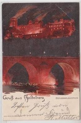 52838 Ak Lithographie Gruß aus Heidelberg Schlossbeleuchtung 1900