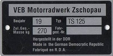 Typenschild MZ TS 125 Alu Blanko, Neu, DDR Motorrad Klassiker