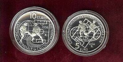 San Marino Silber 5 + 10 Euro 2004 Fußball-WM Gedenkmünzen-Set in PP/ Proof Selten