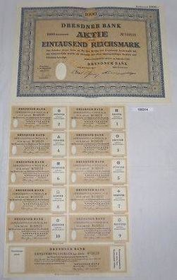 alte Aktie über 1000 Reichsmark Dresdner Bank 1952 plus Erneuerungsschein
