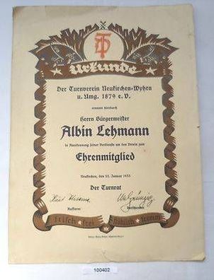 Urkunde Turnverein Neukirchen-Wyhra 1933 Bürgermeister als Ehrenmitglied