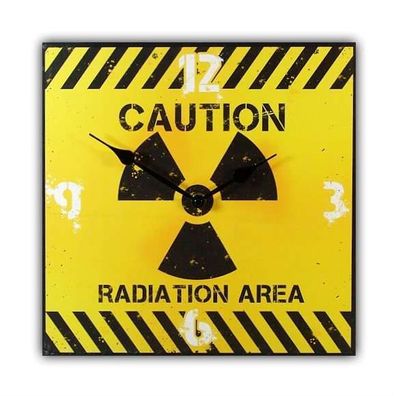 Wanduhr Uhr MDF Holz Caution Radiation Area schwarz gelb 29 cm Atomkraft Nuklear