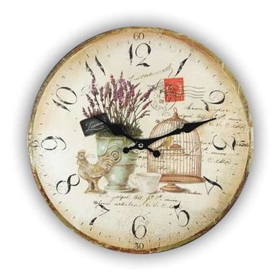 Wanduhr Uhr MDF Holz Antik Stil 32 cm Lavendel Vogel Käfig Hahn Landhaus mehrfarbig
