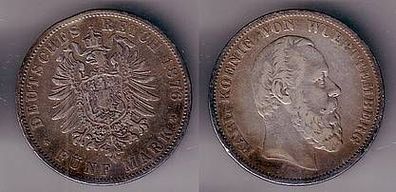 5 Mark Silber Münze Karl König von Württemberg 1876