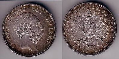 5 Mark Silber Münze Albert König von Sachsen 1901
