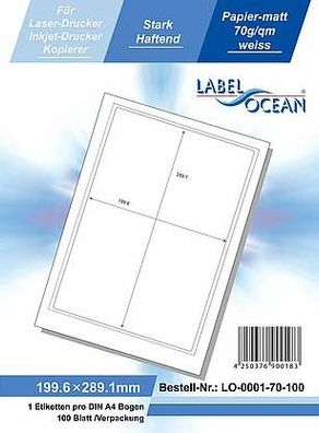 LabelOcean LO-0001-70-100, 100 Etiketten, 199,6x289,1 mm, 100 Blatt DIN A4, 70g/ qm
