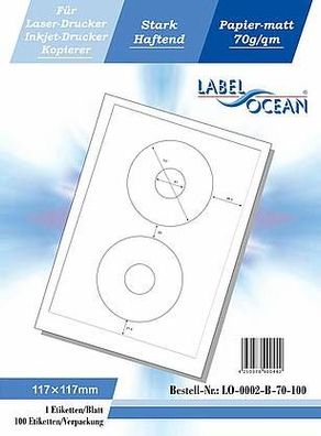 LabelOcean LO-0002-b-70-100, 200 Etiketten ,117 mm, 100 Blatt DIN A4, 70g/ qm