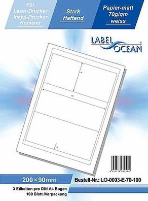 LabelOcean LO-0003-e-70-100, 300 Etiketten, 200x90 mm, 100 Blatt DIN A4, 70g/ qm