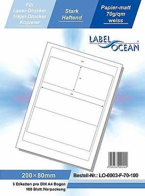LabelOcean LO-0003-f-70-100, 300 Etiketten, 200x80 mm, 100 Blatt DIN A4, 70g/ qm