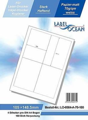 LabelOcean LO-0004-A-70-100, 400 Etiketten, 105x148,5 mm, 100 Blatt DIN A4, 70g/ qm