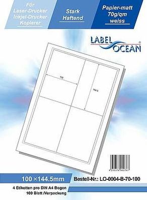LabelOcean LO-0004-B-70-100, 400 Etiketten, 100x144,5 mm, 100 Blatt DIN A4, 70g/ qm