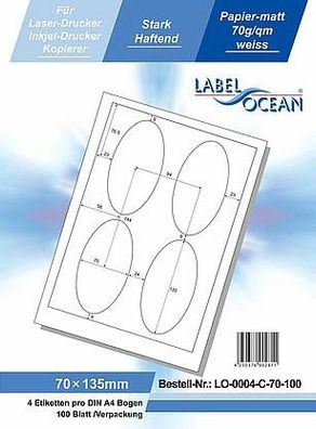 LabelOcean LO-0004-C-70-100, 400 Etiketten, 70x135 mm, 100 Blatt DIN A4, 70g/ qm