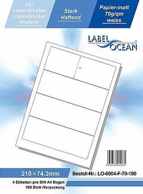 LabelOcean LO-0004-F-70-100, 400 Etiketten, 210x74,3 mm, 100 Blatt DIN A4, 70g/ qm