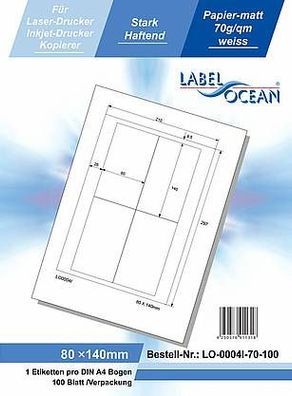 LabelOcean LO-0004-i-70-100, 400 Etiketten, 80x140 mm, 100Blatt DIN A4, 70g/ qm