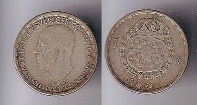 1 Krone Silber Münze Schweden 1948