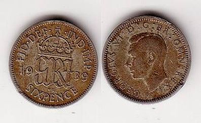 6 Pence Silber Münze Großbritannien 1939