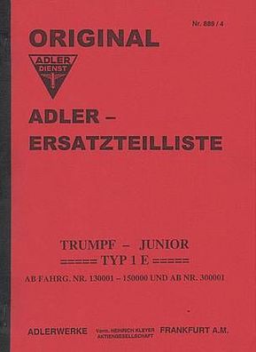 Ersatzteilliste Adler Trumph Junior Typ 1 E, Oldtimer, Klassiker
