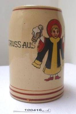 kleiner Keramik Bierkrug Gruß aus München mit Münchner Kindl um 1930