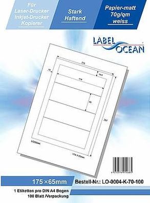 LabelOcean LO-0004-K-70-100, 400 Etiketten, 174x65 mm, 100 Blatt DIN A4, 70g/ qm