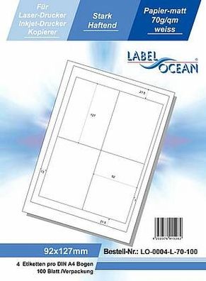 LabelOcean LO-0004-L-70-100, 400 Etiketten, 92x127 mm, 100 Blatt DIN A4, 70g/ qm