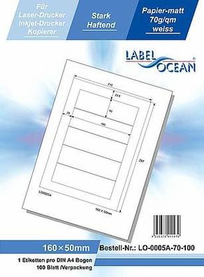 LabelOcean LO-0005-A-70-100, 500 Etiketten, 200x57 mm, 100 Blatt DIN A4, 70g/ qm
