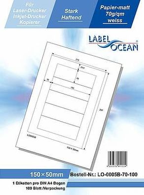 LabelOcean LO-0005-B-70-100, 500 Etiketten, 150x50 mm, 100 Blatt DIN A4, 70g/ qm