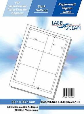 LabelOcean LO-0006-70-100, 600 Etiketten, 99,1x93,1 mm, 100 Blatt DIN A4, 70g/ qm