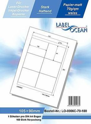 LabelOcean LO-0006-C-70-100, 600 Etiketten, 105x90 mm, 100 Blatt DIN A4, 70g/ qm