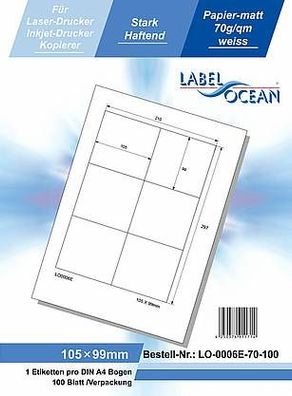 LabelOcean LO-0006-E-70-100, 600 Etiketten, 60x140 mm, 100 Blatt DIN A4, 70g/ qm
