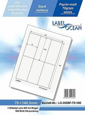 LabelOcean LO-0006-F-70-100, 600 Etiketten, 70x148,5 mm, 100 Blatt DIN A4, 70g/ qm