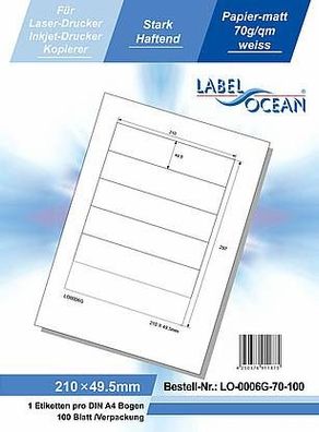 LabelOcean LO-0006-G-70-100, 600 Etiketten, 210x49,5 mm, 100 Blatt DIN A4, 70g/ qm