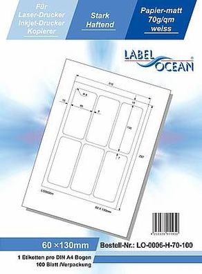 LabelOcean LO-0006-H-70-100, 600 Etiketten, 60x130 mm, 100 Blatt DIN A4, 70g/ qm