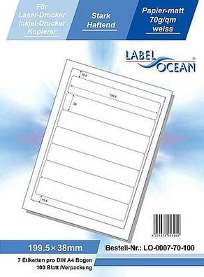 LabelOcean LO-0007-70-100, 700 Etiketten, 199,5x38 mm, 100 Blatt DIN A4, 70g/ qm