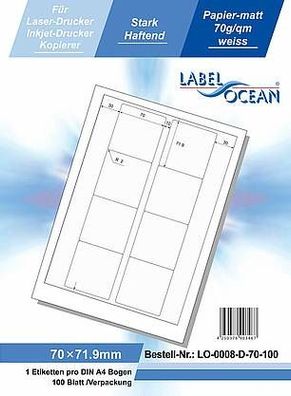 LabelOcean LO-0008-D-70-100, 800 Etiketten, 70x71,9 mm, 100 Blatt DIN A4, 70g/ qm