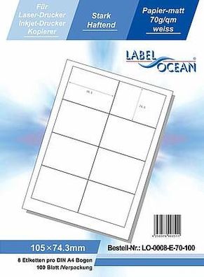 LabelOcean LO-0008-E-70-100, 800 Etiketten, 105x74,3 mm, 100 Blatt DIN A4, 70g/ qm