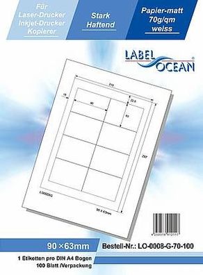 LabelOcean LO-0008-G-70-100, 800 Etiketten, 90x63 mm, 100 Blatt DIN A4, 70g/ qm