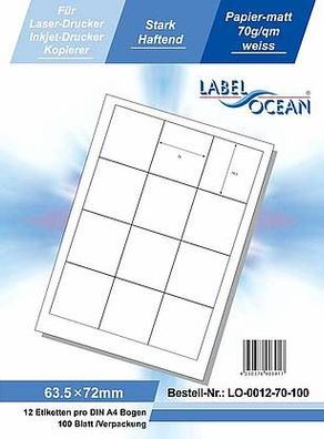 LabelOcean LO-0012-70-100, 1200 Etiketten, 63,5x72 mm, 100 Blatt DIN A4, 70g/ qm