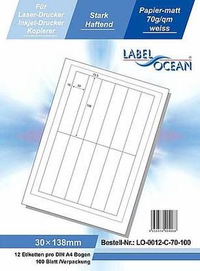 LabelOcean LO-0012-C-70-100, 1200 Etiketten, 30x138 mm, 100 Blatt DIN A4, 70g/ qm