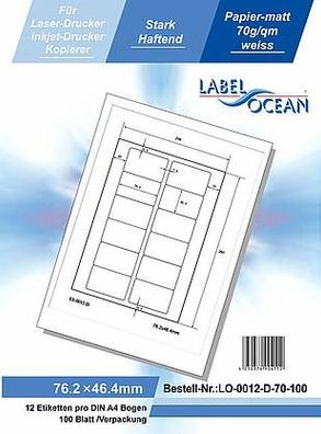 LabelOcean LO-0012-D-70-100, 1200 Etiketten, 76,2x46,4 mm, 100 Blatt DIN A4, 70g/ qm