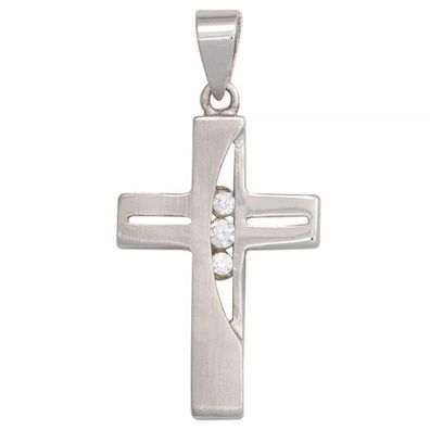Anhänger Kreuz 925 Silber rhodiniert teilmattiert 3 Zirkonia