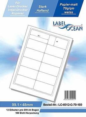 LabelOcean LO-0012-G-70-100, 1200 Etiketten, 99,1x48 mm, 200 Blatt DIN A4, 70g/ qm