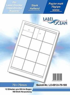 LabelOcean LO-0012-I-70-100, 1200 Etiketten, 70x70 mm, 100 Blatt DIN A4, 70g/ qm